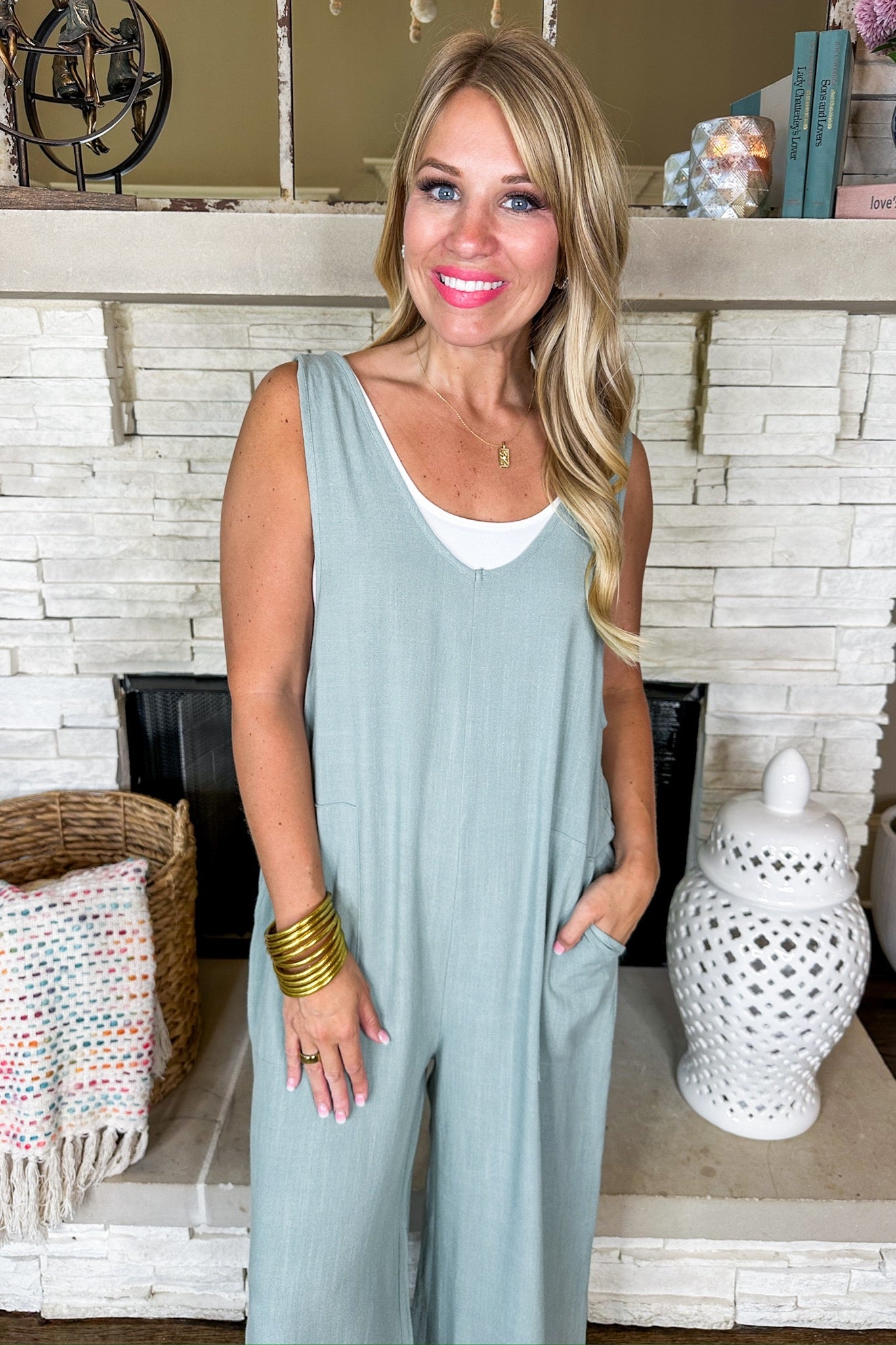 Pocketed Tank Top Linen Jumpsuit in Sage