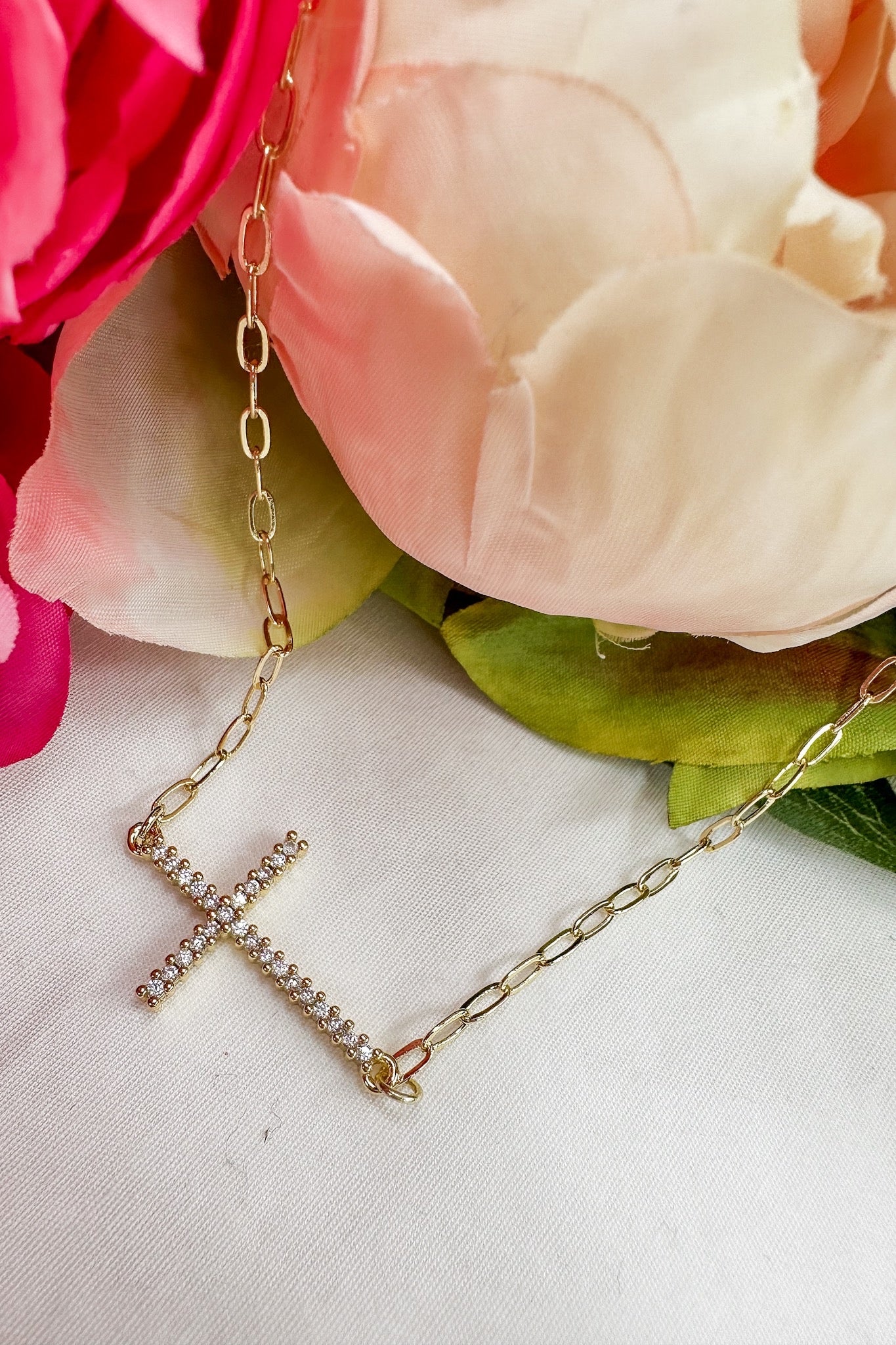 Gold Side Cross Stone Necklace by Treasure Jewels