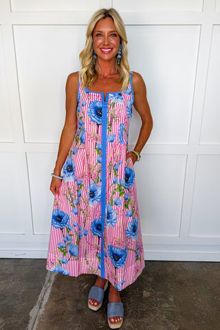 Just Feels Right Stripe Dress in Pink & Blue Floral