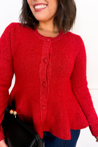 The Collins Button Front Flare Sweater in Red