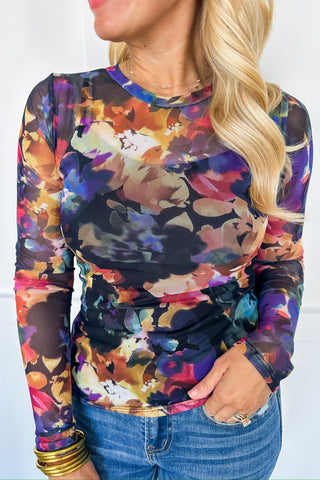Dusky Blooms Fitted Mesh Long Sleeve Top