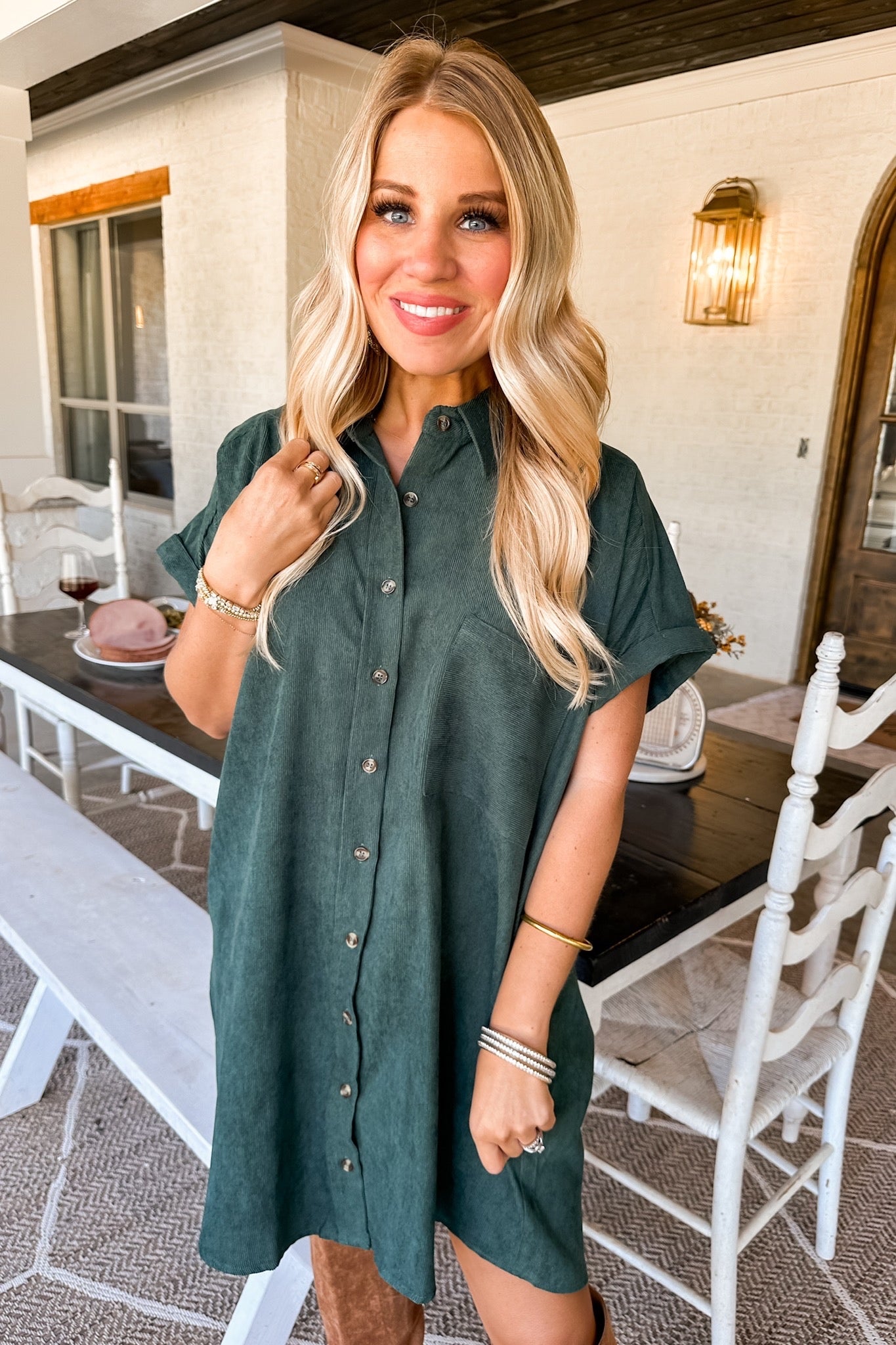 Corduroy Short Sleeve Button Down Pocketed Dress in Forest Green