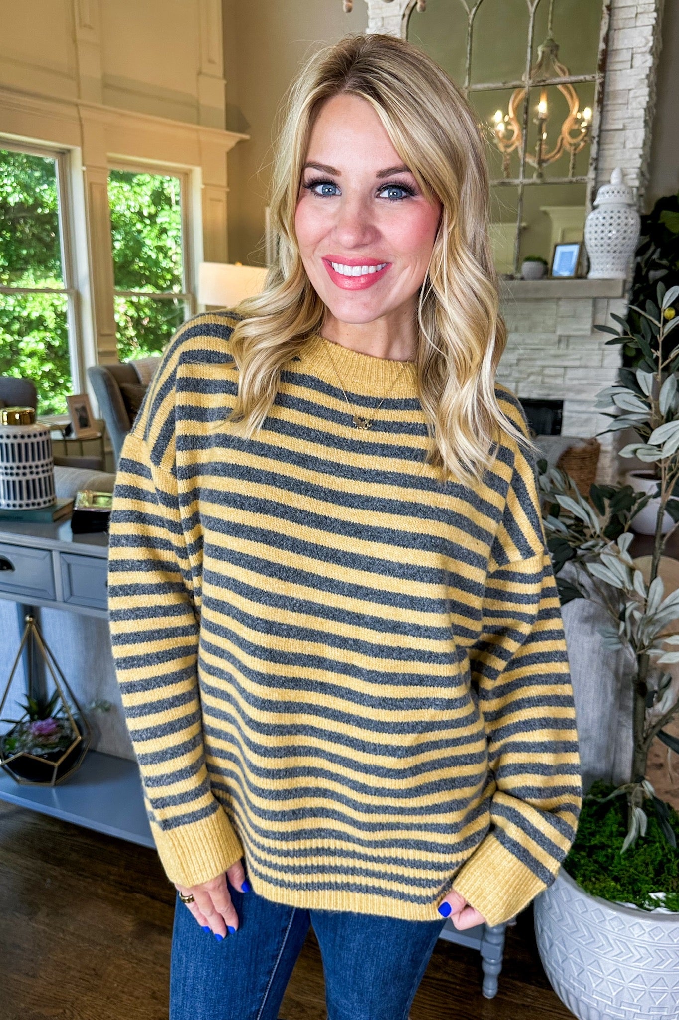 Cozy Knit Grey & Mustard Yellow Striped Sweater