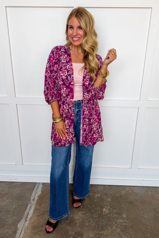 Dear Scarlett Lizzy Gather Sleeve Cardigan in Wine Floral