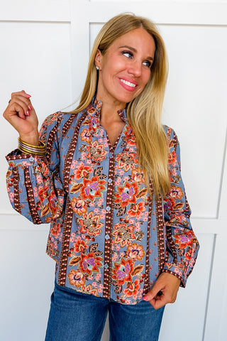 Ruffle Romance Floral Blouse in Dusty Bluebell