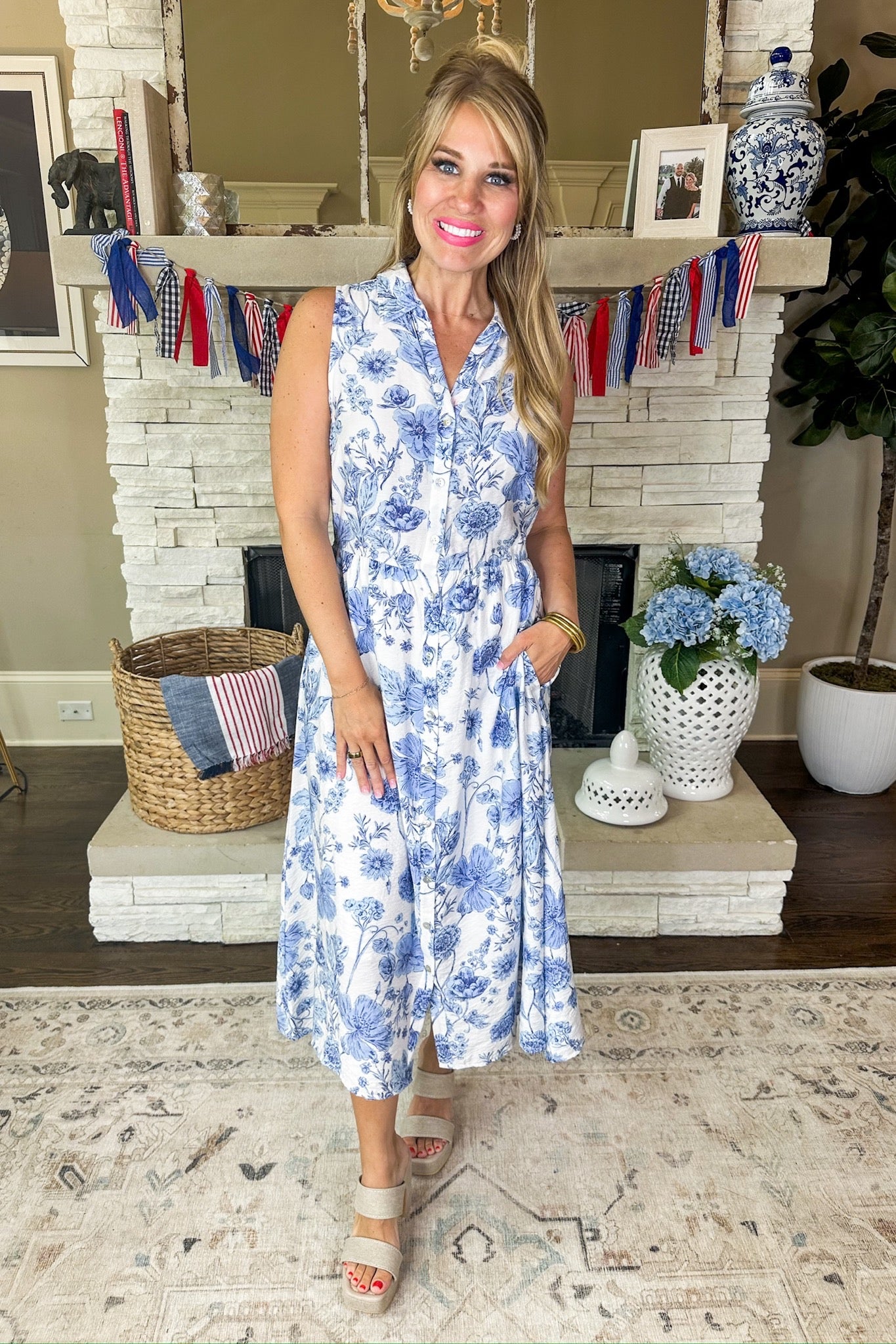 Blue White Floral Button Down Pocketed Collared Midi Dress