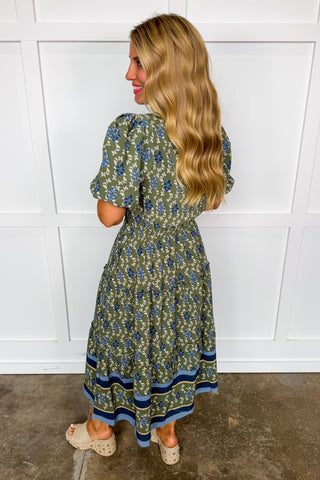 The Lainey Midi Dress in Orchid Damask Olive by Mary Square