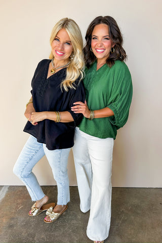 Anything But Basic Braided Green V Neck Blouse