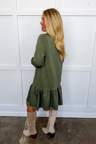 The Adriana Cheetah Trim Dress in Olive by Mary Square