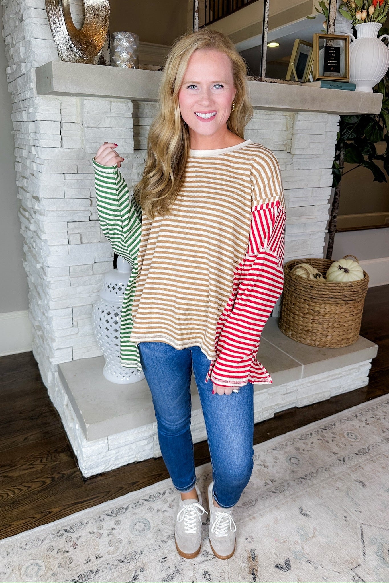 Oversized Green/Taupe/Red Striped Color Block Long Sleeve Top