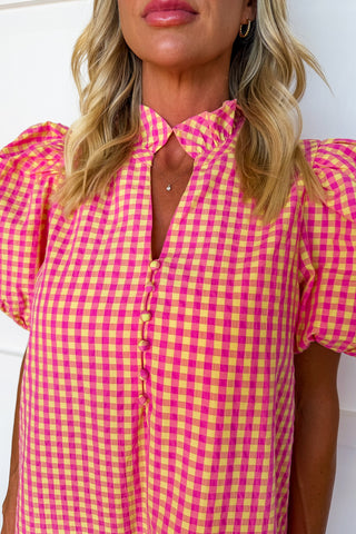 The Meredith Midi Dress in Pink & Yellow Gingham
