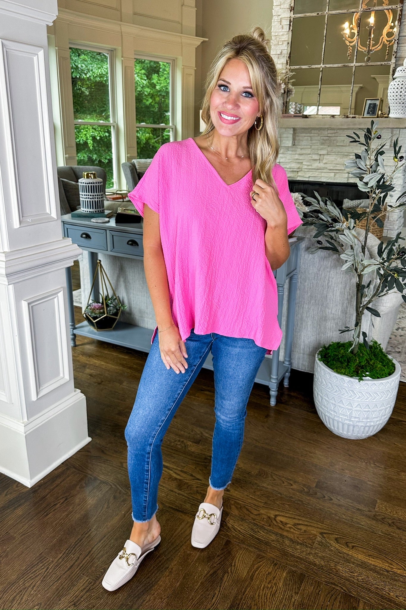 The Whitney Textured V Neck Staple Shift Top Pink