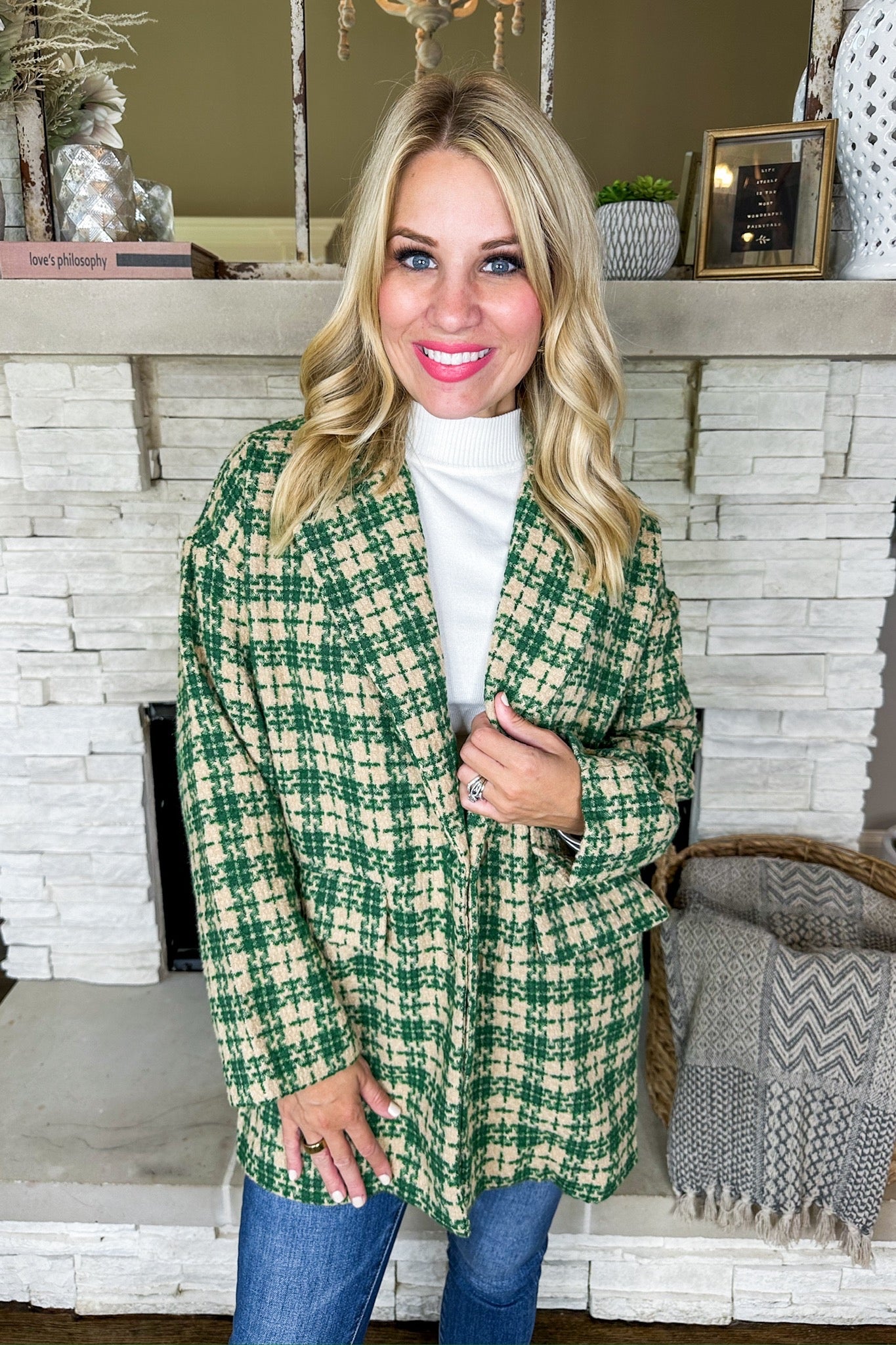 Tweed Green/Taupe Pocketed Collared Blazer