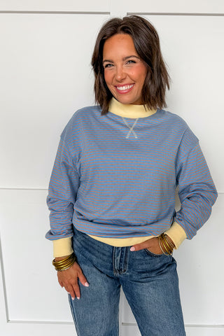 Double Take Reversible Dot & Stripe Mock Neck Pullover in Sky & Peach