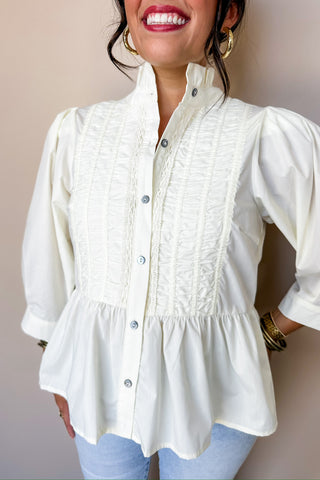 Cream Ruffle Collar Peplum Blouse