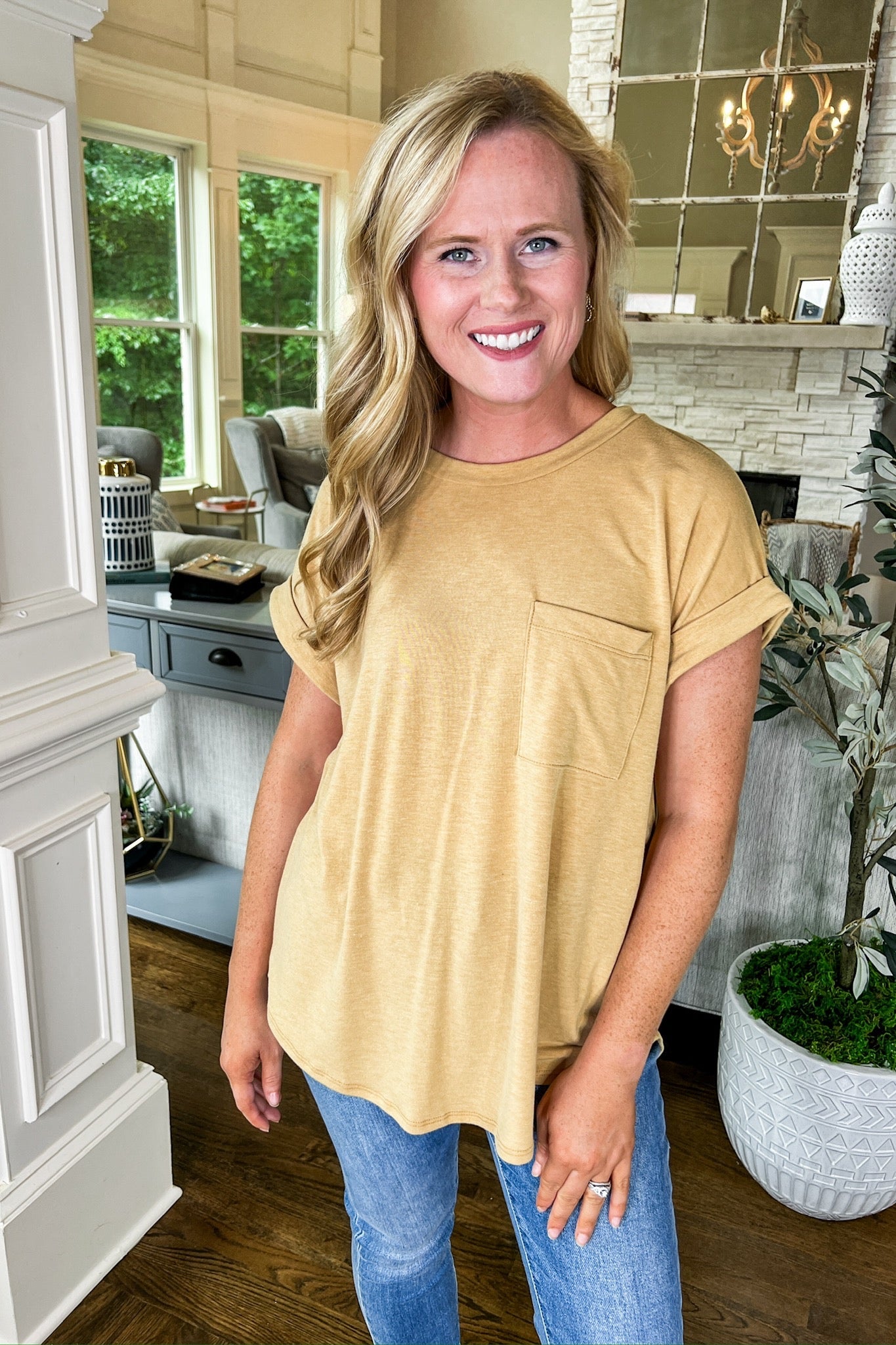 Heather Gold Pocketed Scoop Hem Basic Layering Tee