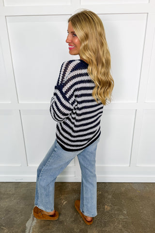 Effortless Stripe Notch Neck Sweater in Navy