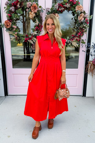 The Krissy Zip-Up Midi Dress in Bold Red