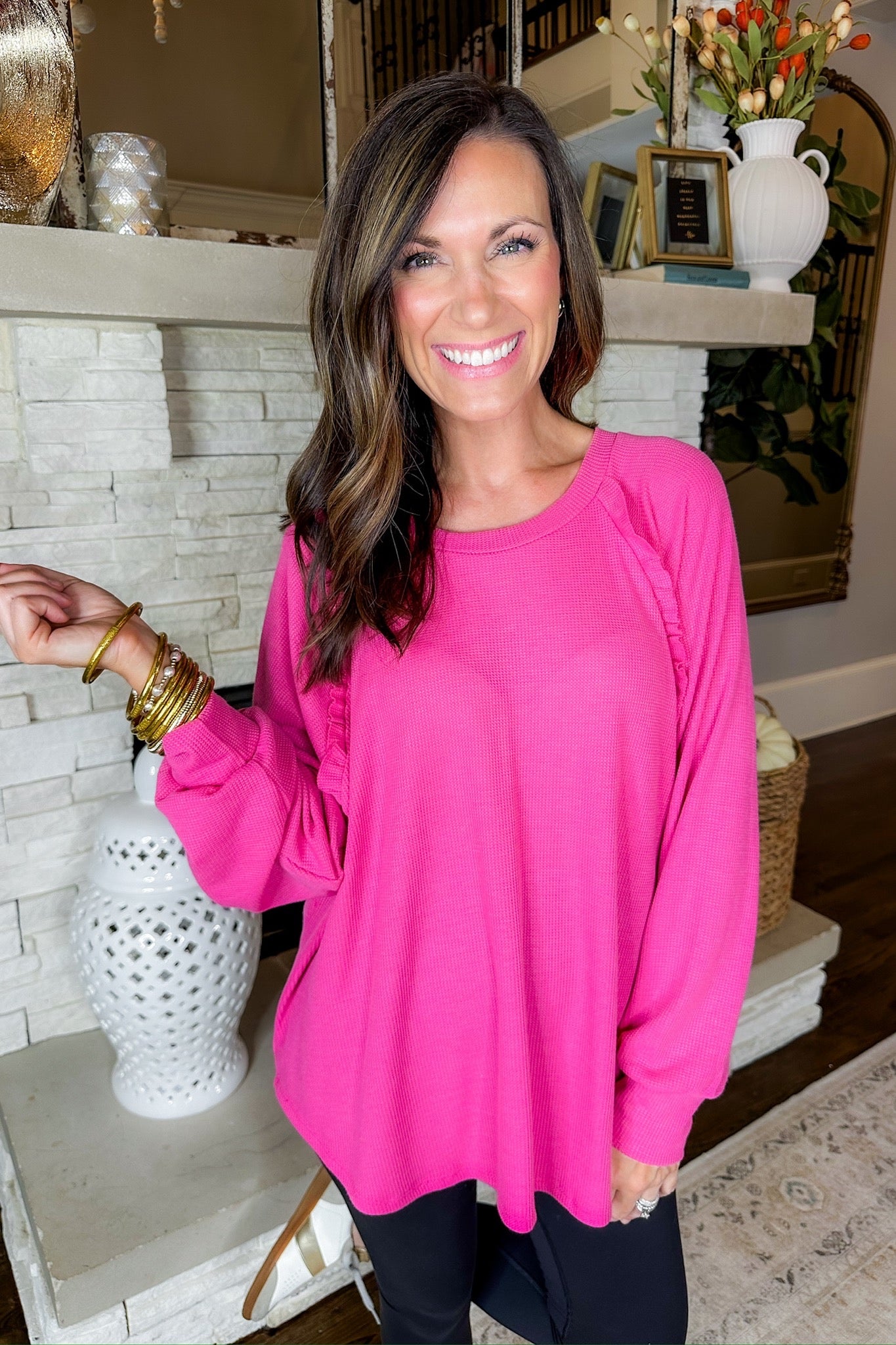 Throw On & Go Ruffle Detailed Long Sleeve Top in Fuchsia