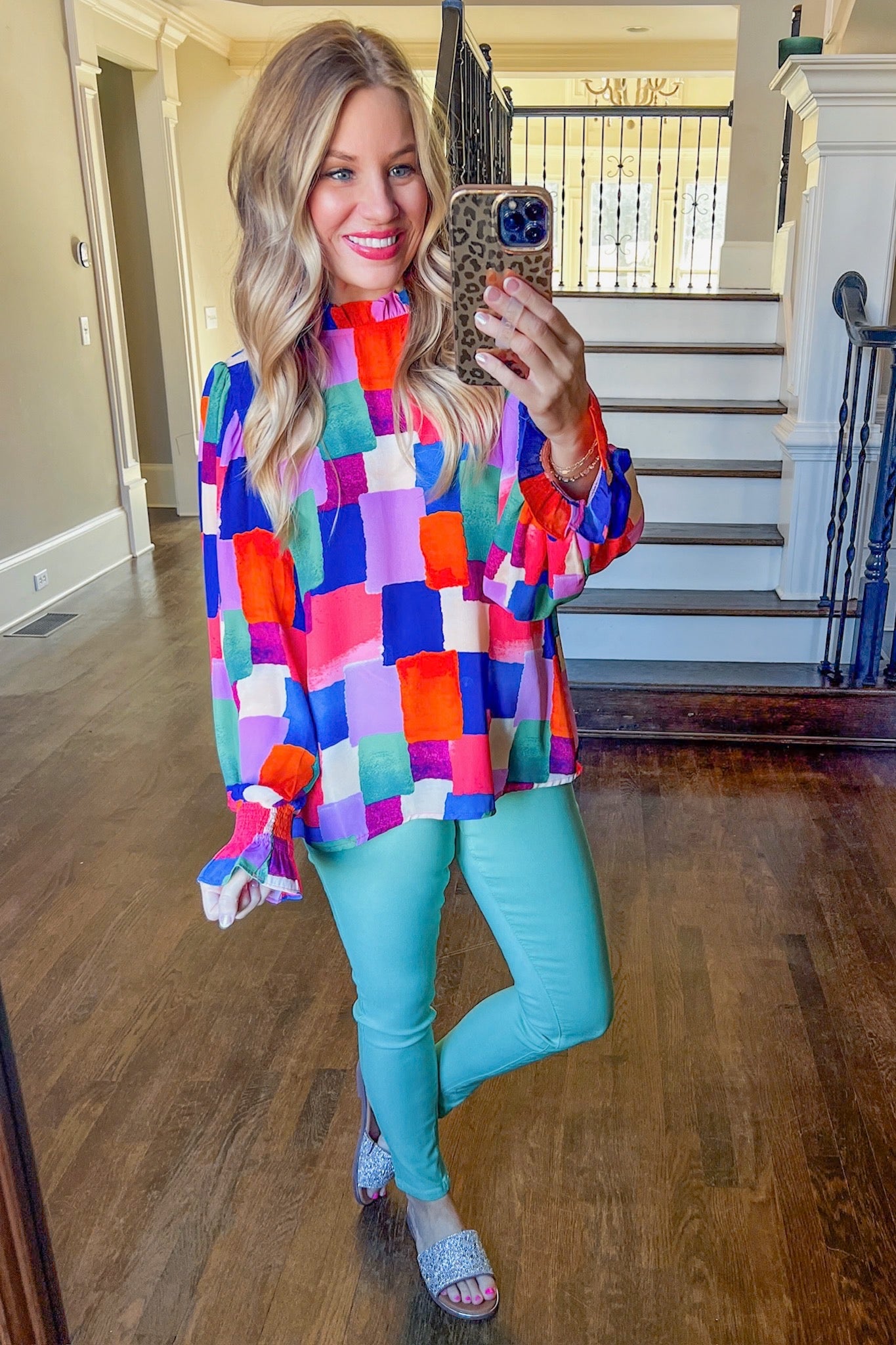 Ruffle Neck Bright Geometric Block Print Shift Top