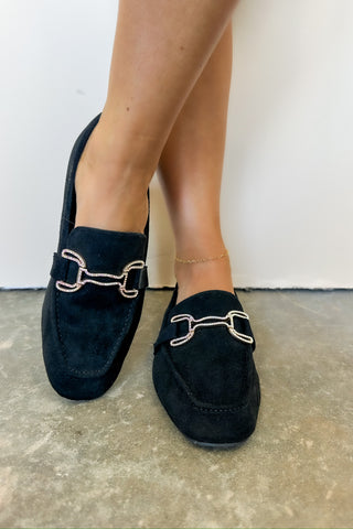 Won the Lottery Crystal Gold Metal Chain Suede Loafer in Black