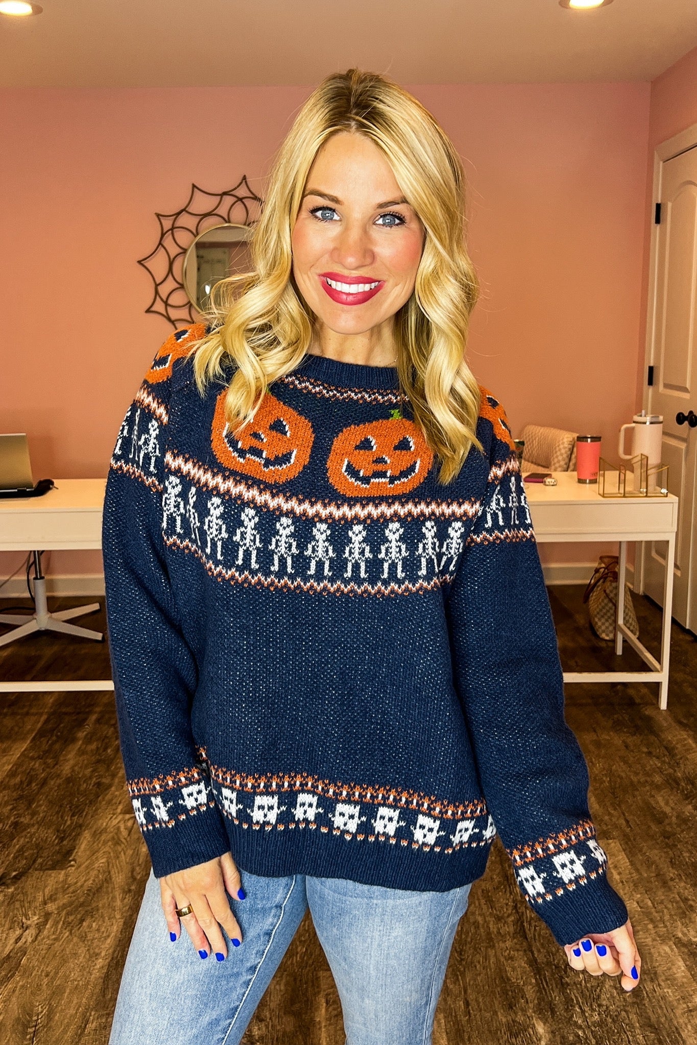 Classic Crew Neck Halloween Striped Navy Knit Sweater