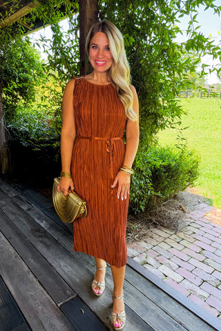 Rsvp Ready Pleated Midi Dress in Rust