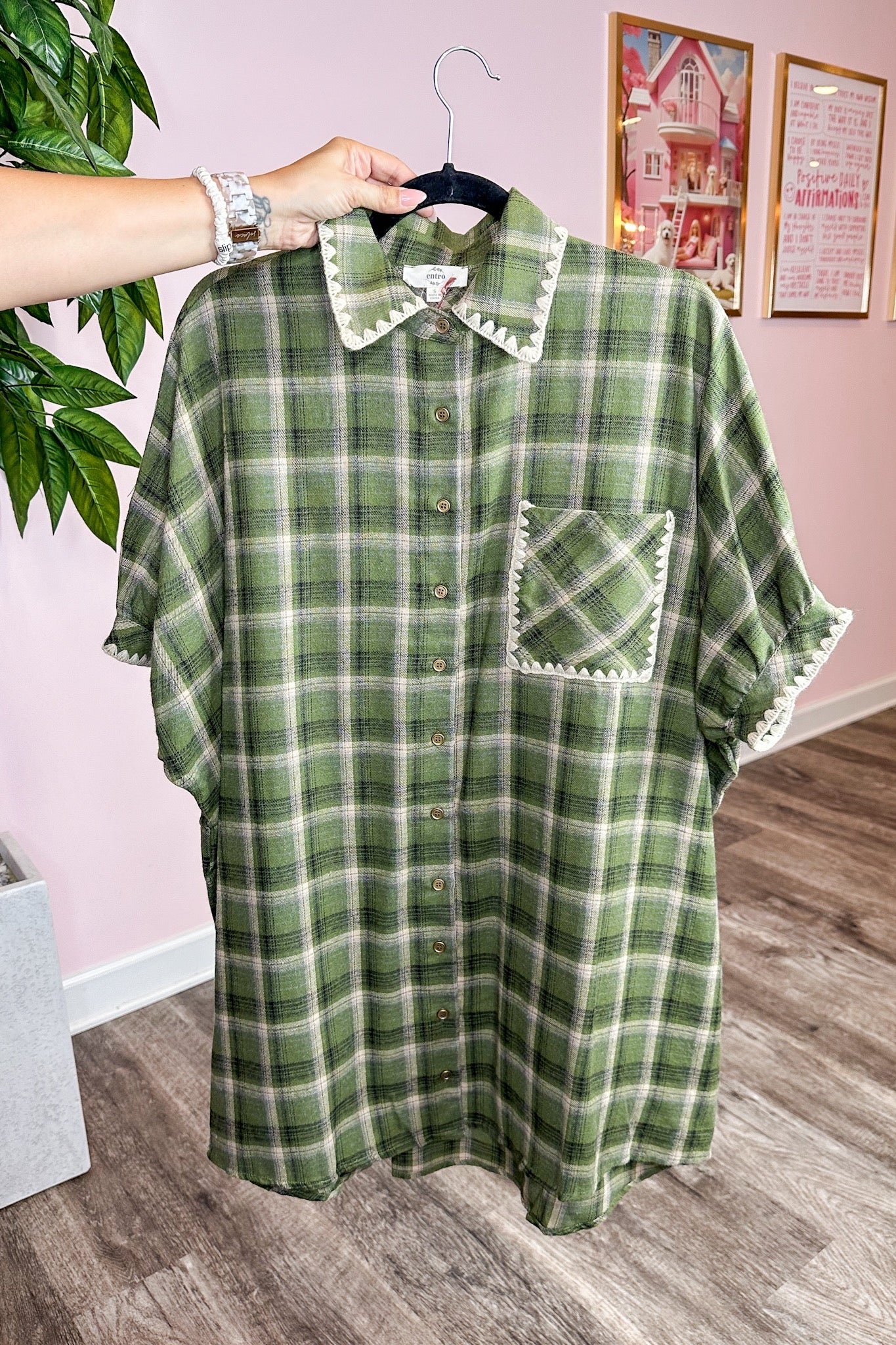 Embroidered Trim Pocketed Button Down Plaid Flannel Dress in Olive