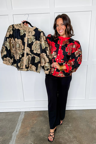 Luxe Red & Black Jacquard Top with Gold Buttons