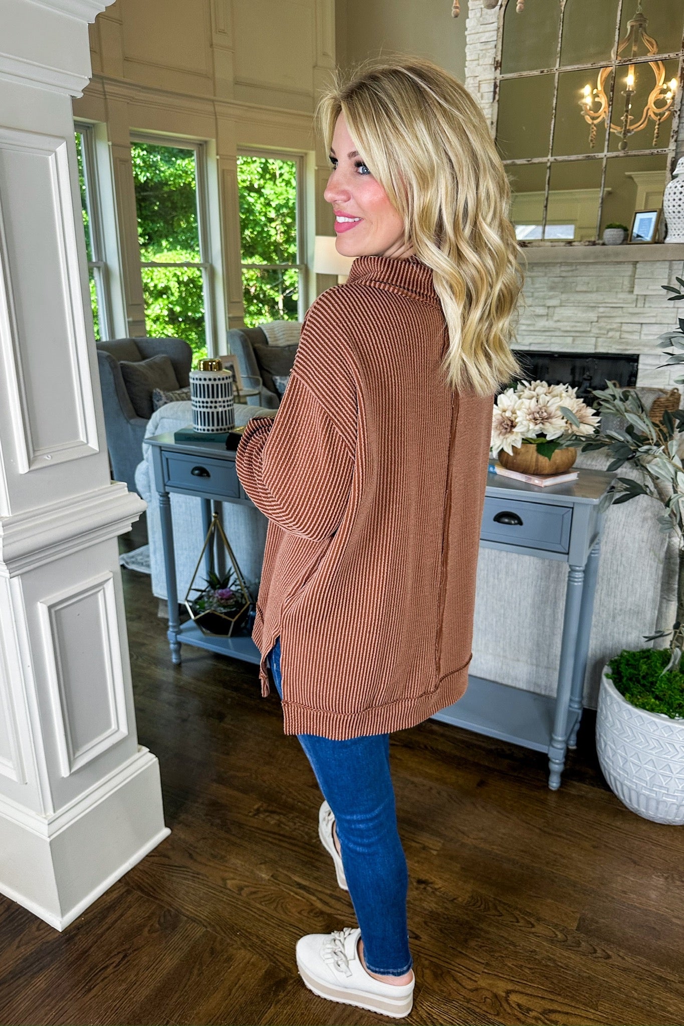 The Hadley Ribbed Cowl Neck Long Sleeve Top in Chestnut