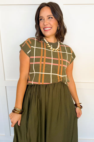 Two-way Midi Dress + Sweater Set in Olive Plaid