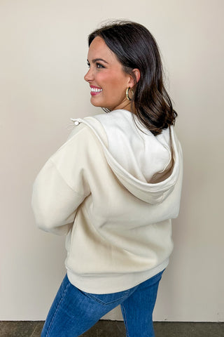 Ribbed Trim Kangaroo Pocket Half Zip Fleece Lined Hoodie