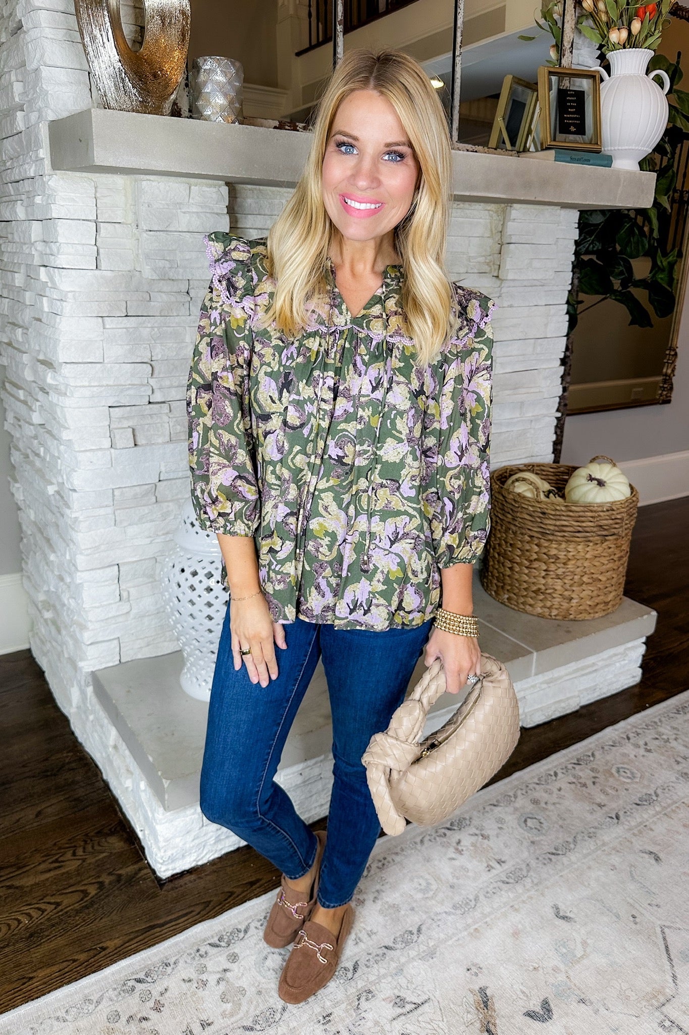 Olive Floral Mauve Scalloped Eyelet Trim Peasant Top