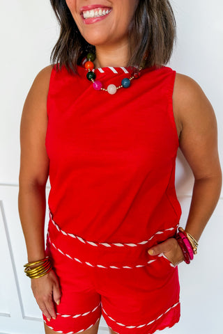 Worth The Wait Stripe Trim Short Set in Red
