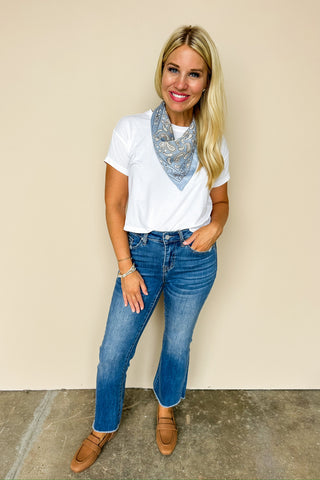 Mid Rise Medium Wash Cropped Bootcut Jean by Mica