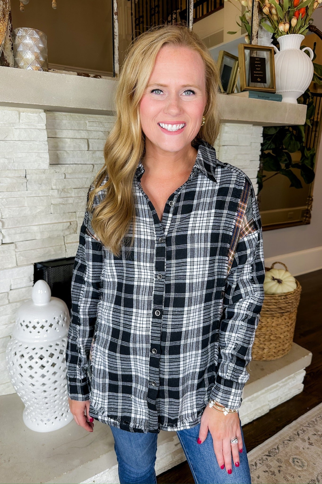 Mixed Plaid Button Down Black Flannel