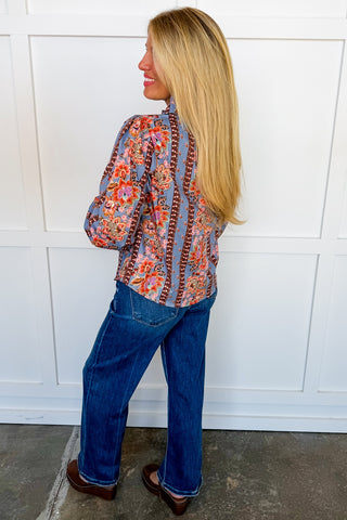 Ruffle Romance Floral Blouse in Dusty Bluebell