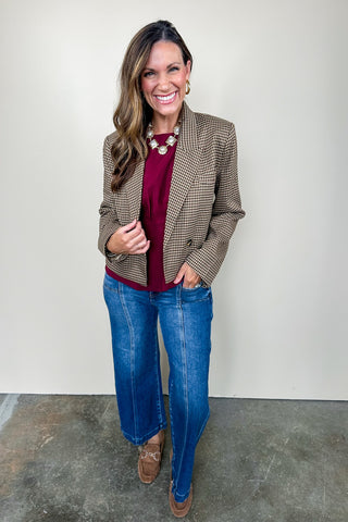 Brown Gingham Print Cropped Jett Pocketed Blazer Jacket