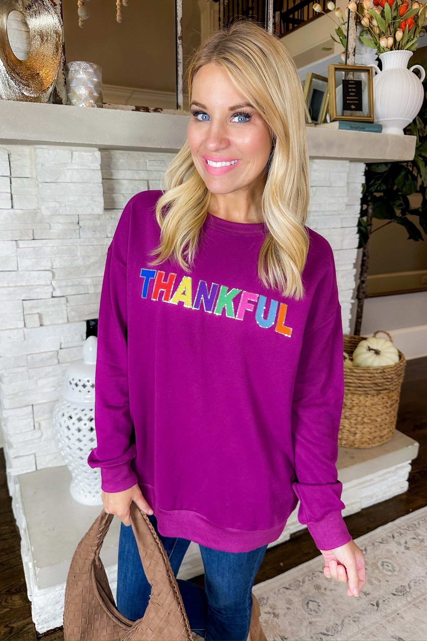 Multi Color Thankful Sequin Burgundy Sweatshirt