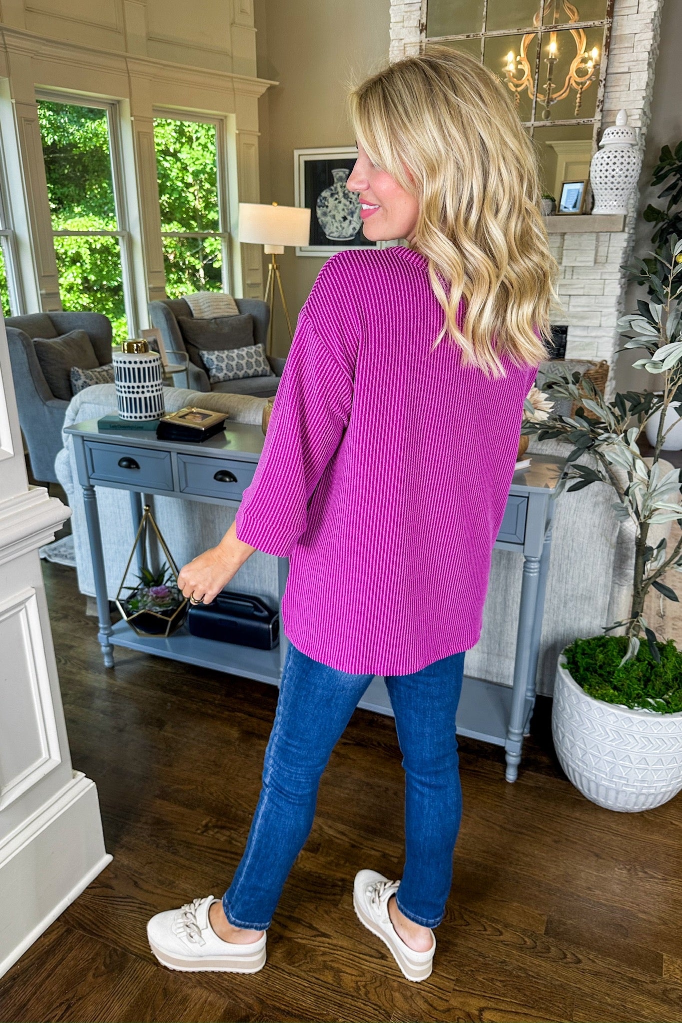 The Macy Ribbed Pocketed Three-Quarter Sleeve Top in Magenta