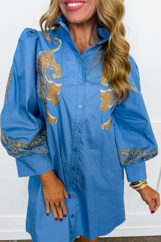 Wild At Heart Embroidered Shift Dress in Indigo