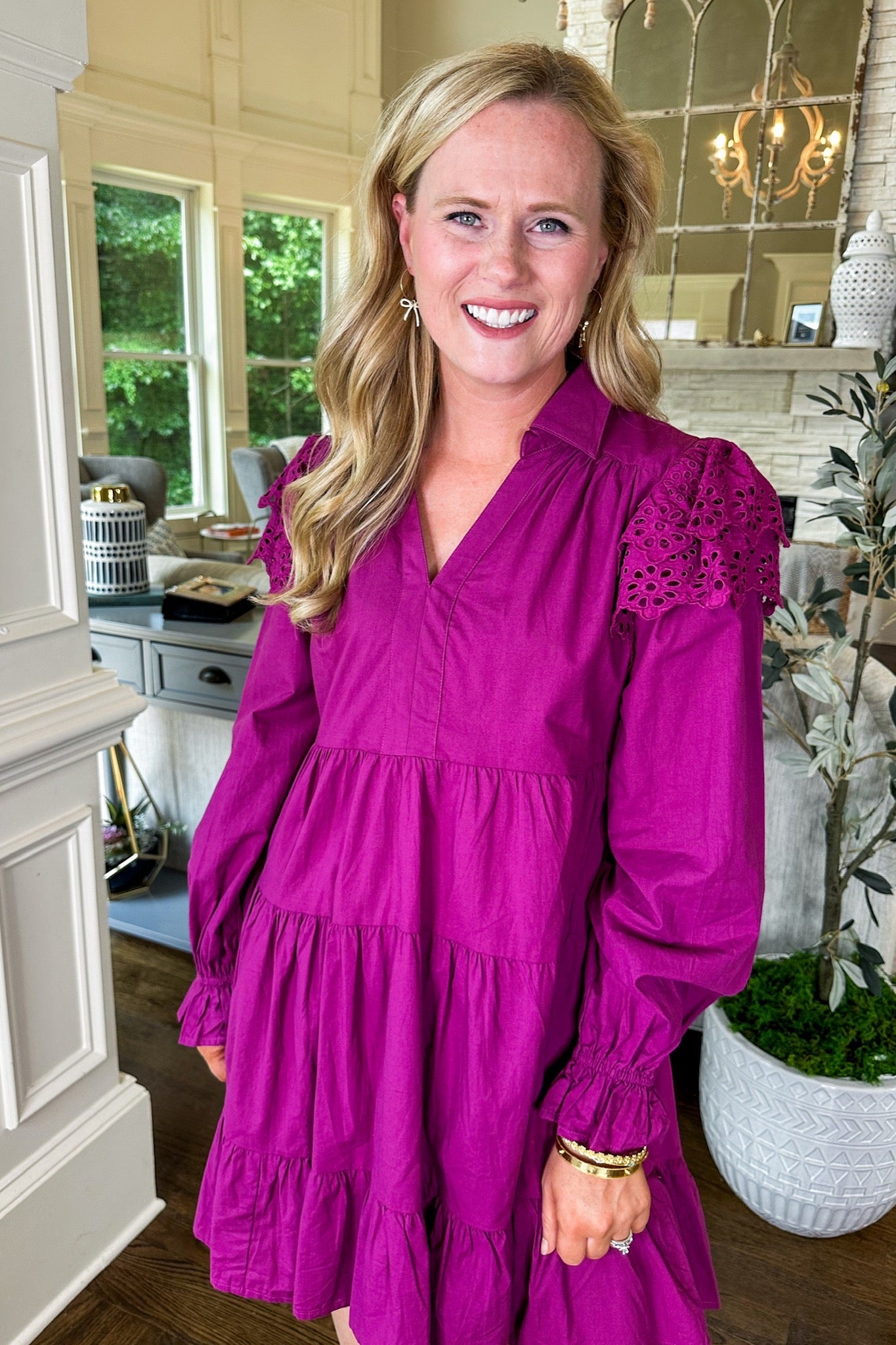 Eyelet Ruffle Sleeve Collared Tiered Long Sleeve Dress in Magenta