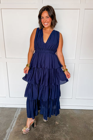 Grace & Glamour Tiered Maxi Dress in Navy