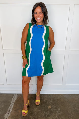 Made You Look Scallop Shift Dress in Green & Blue