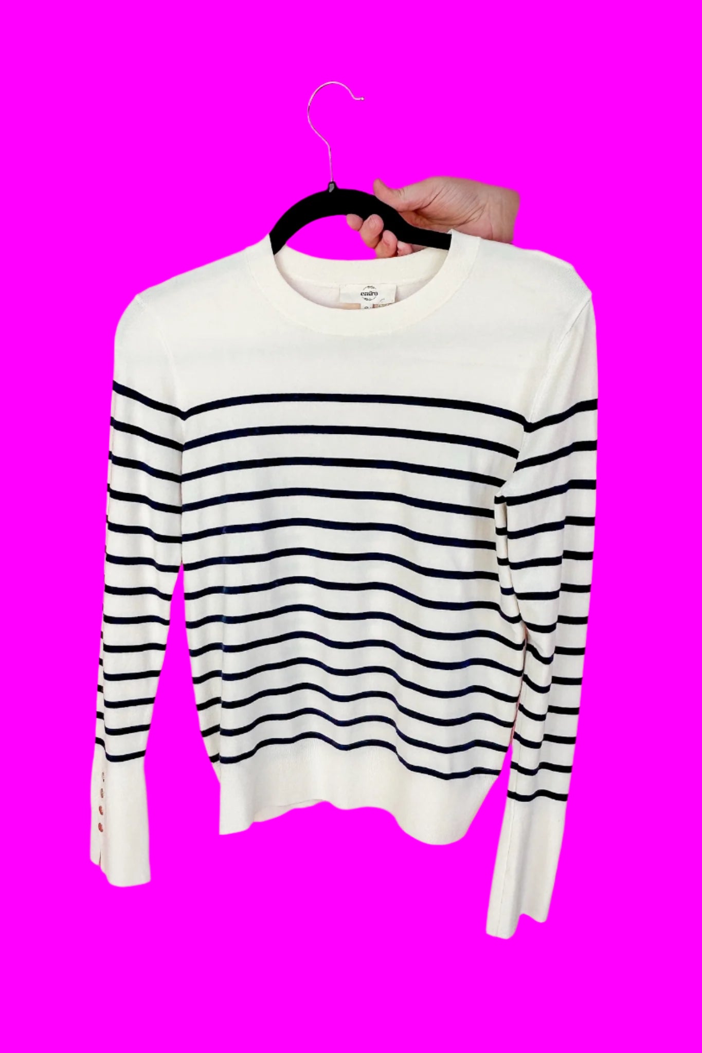 Navy Striped Gold Ball Button Sleeve Cream Sweater