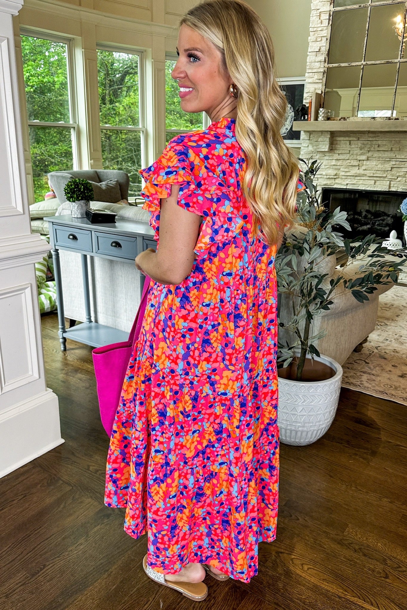 Multi Color Spot Flutter Sleeve Tiered Midi Dress