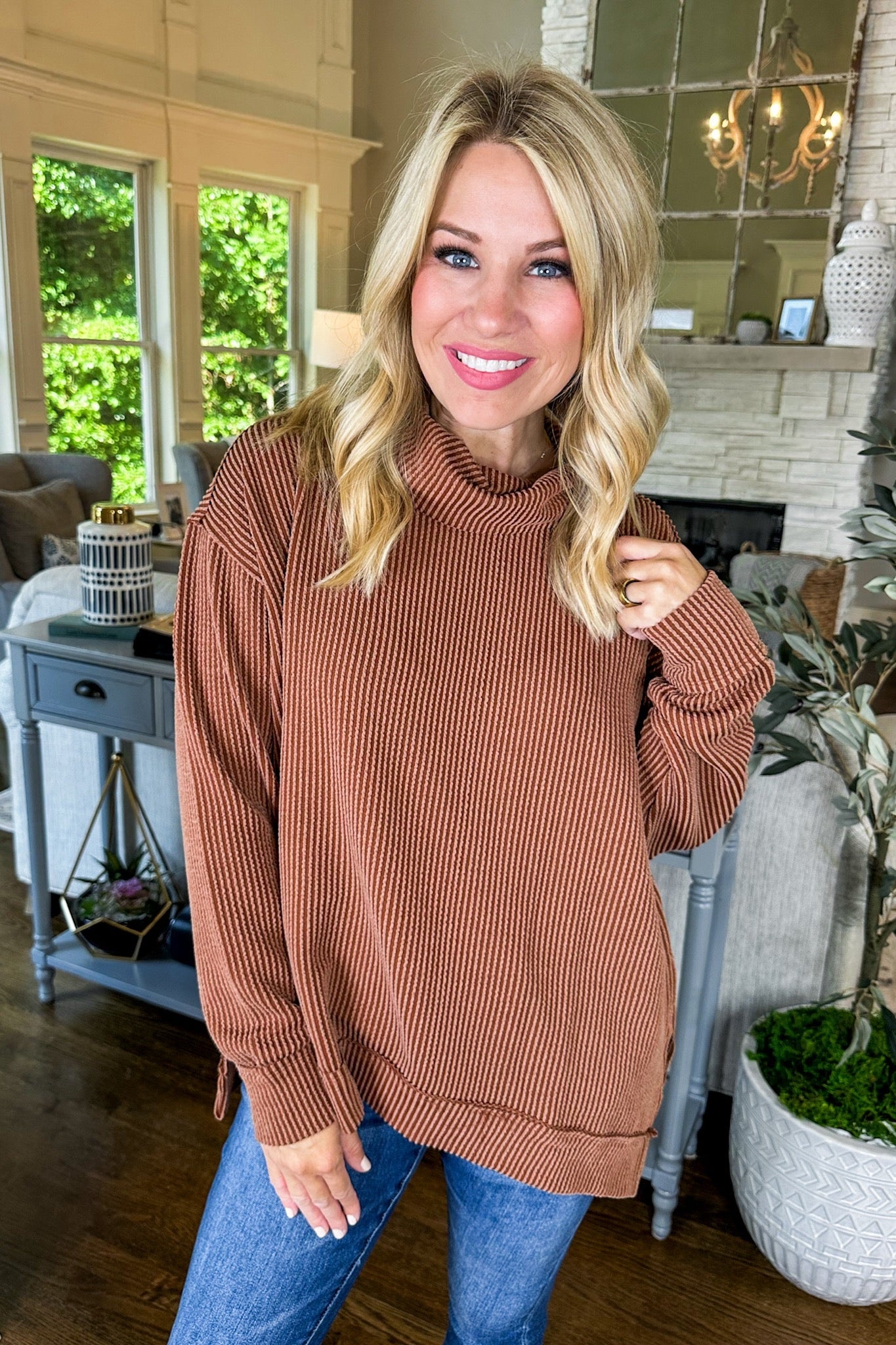 The Hadley Ribbed Cowl Neck Long Sleeve Top in Chestnut