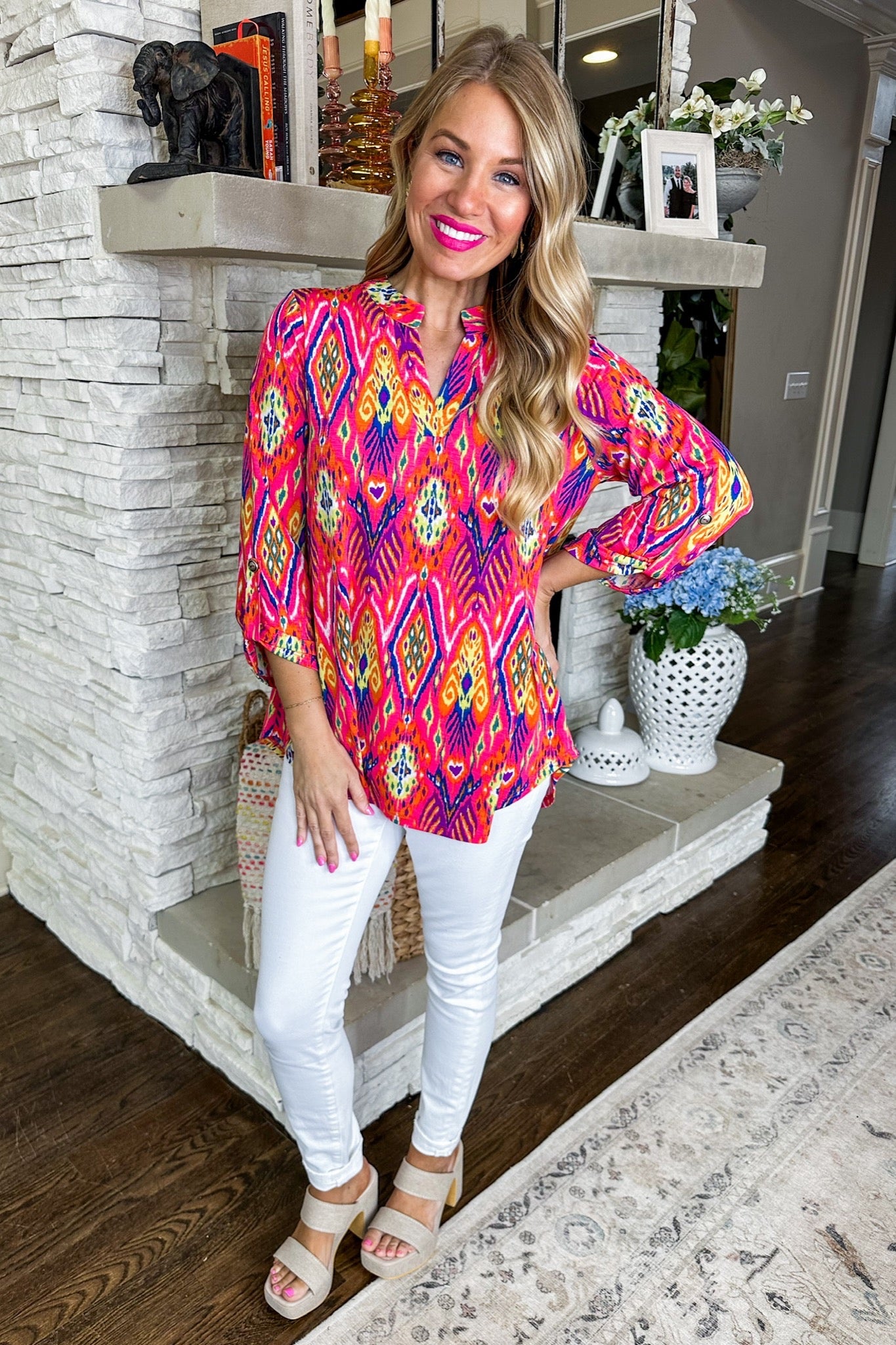 The Lizzy Top in Pink Multi Tribal Print