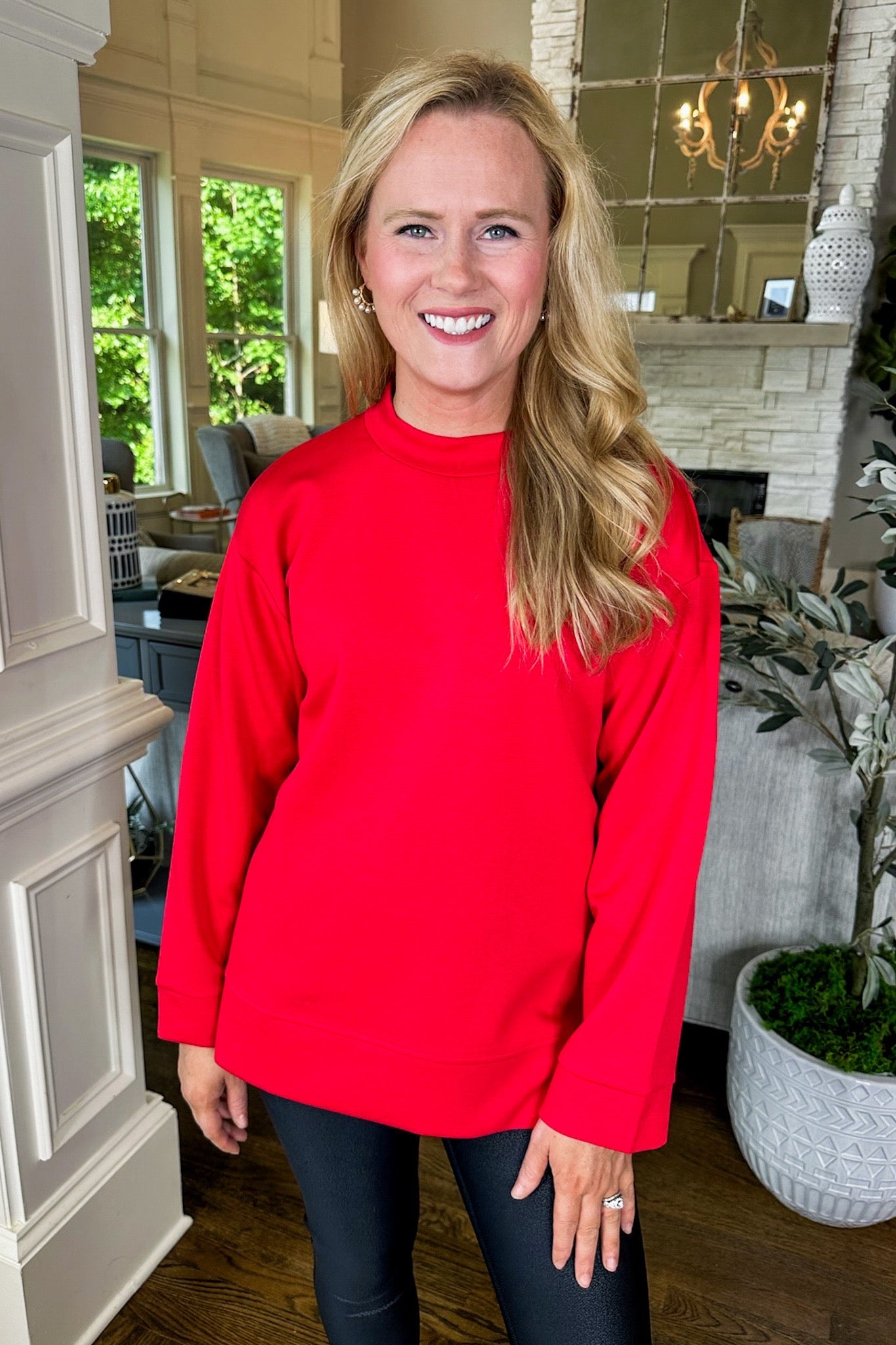 Buttery Soft Keyhole Button Back Long Sleeve Top in Red