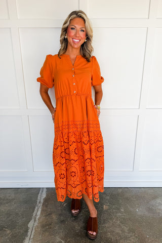 Amber Glow Eyelet Midi Dress
